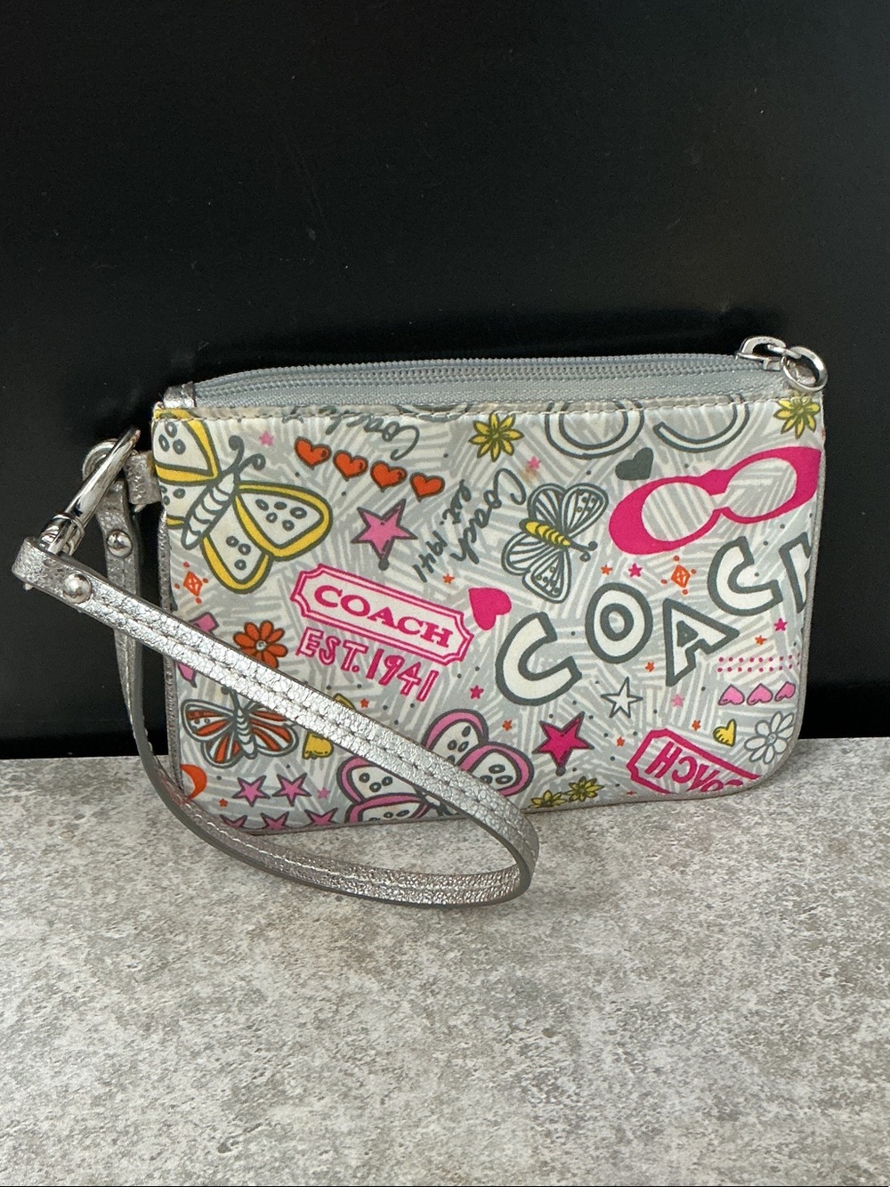 Coach Gray Multicolor Graffiti Wristlet with Pink Accents